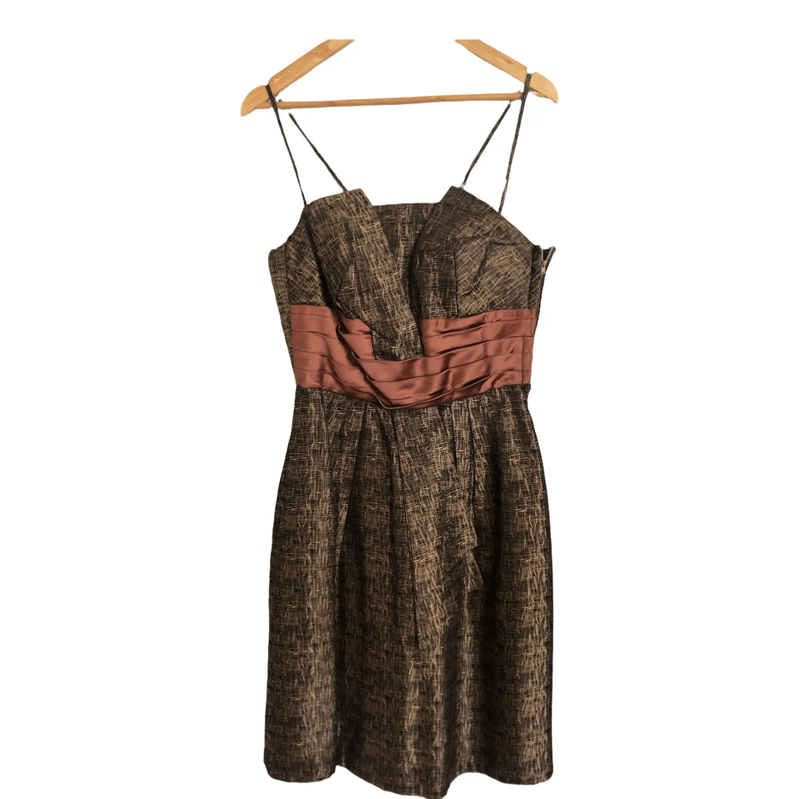 1950's Vintage Est. Polyester Sleeveless Evening Cocktail Dress Copper Brown Block Print UK Size 10