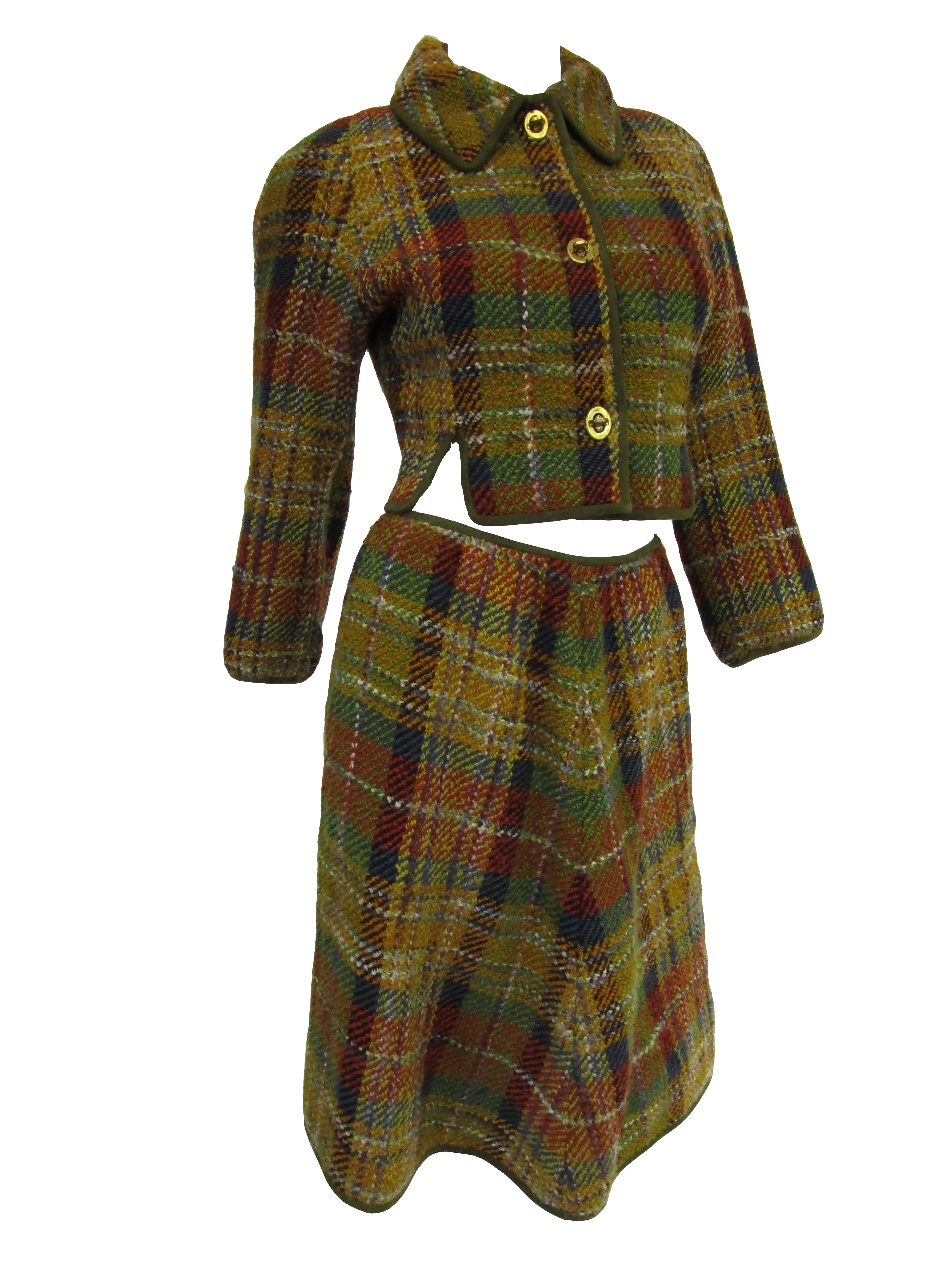 1960s Bonnie Cashin Polychromatic Wool, Suede, and Brass Skirt Suit