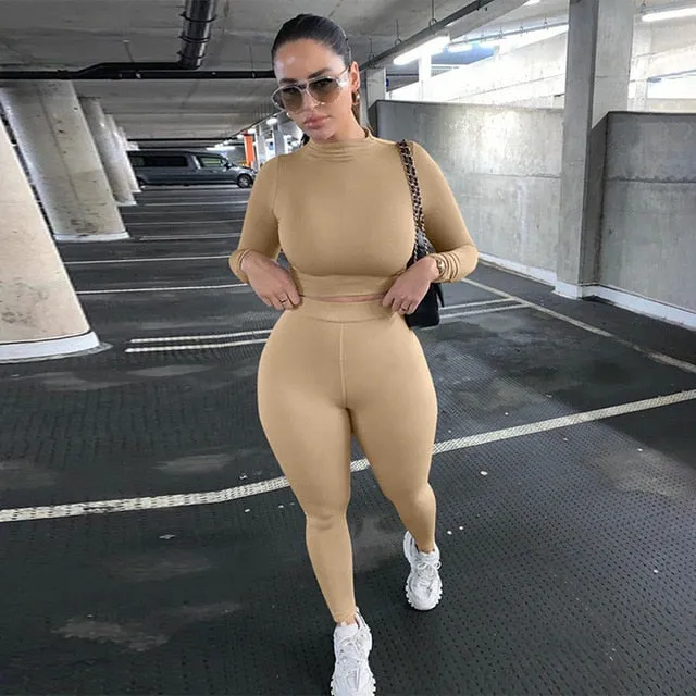 2021 Summer Women Sport Fitness 2 Two Piece Set Outfits Long Sleeve Crop Tops Tshirt Leggings Pants Set Bodycon Tracksuit1