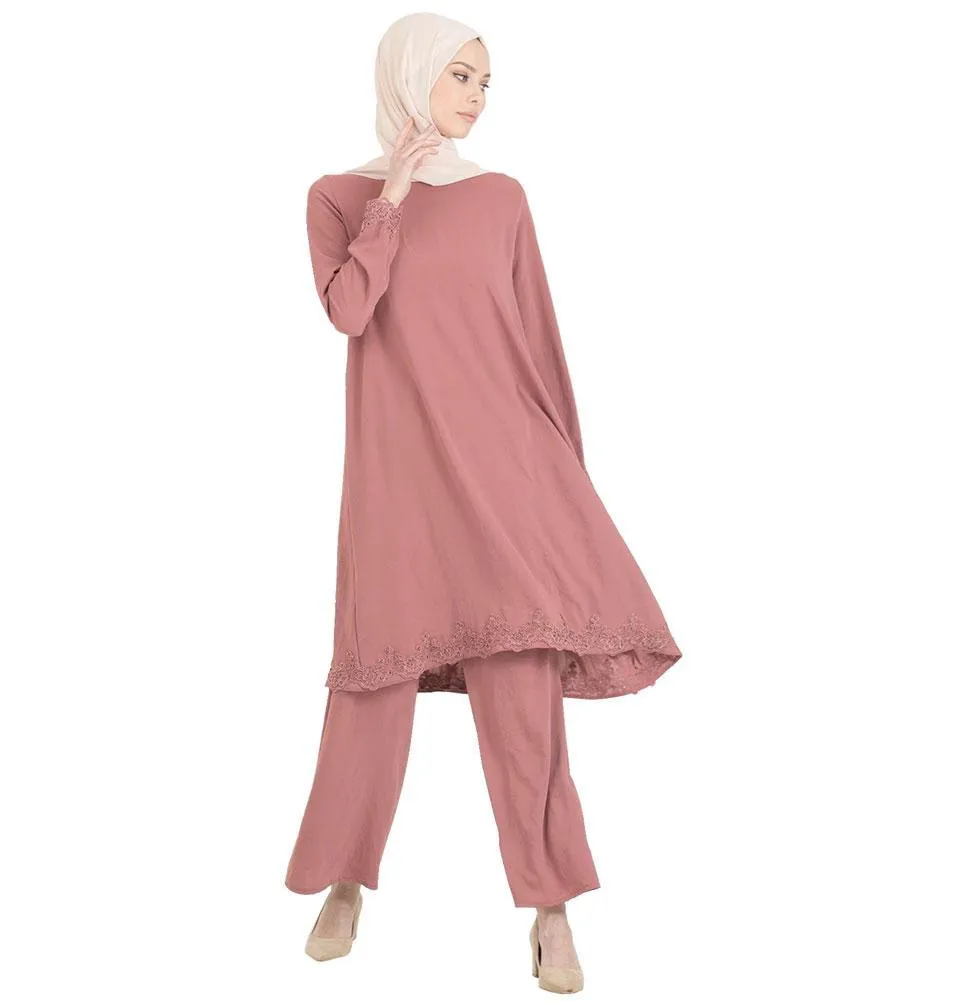 Abaci Solid Laced Tunic & Pant Set 13206 Rose Pink