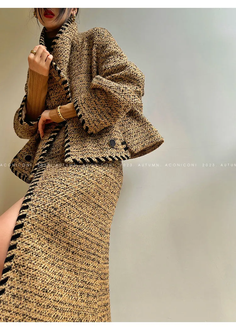 Aconiconi| Caramel wool jacket loose cropped tweed coat suit and skirt hip- Cocoa