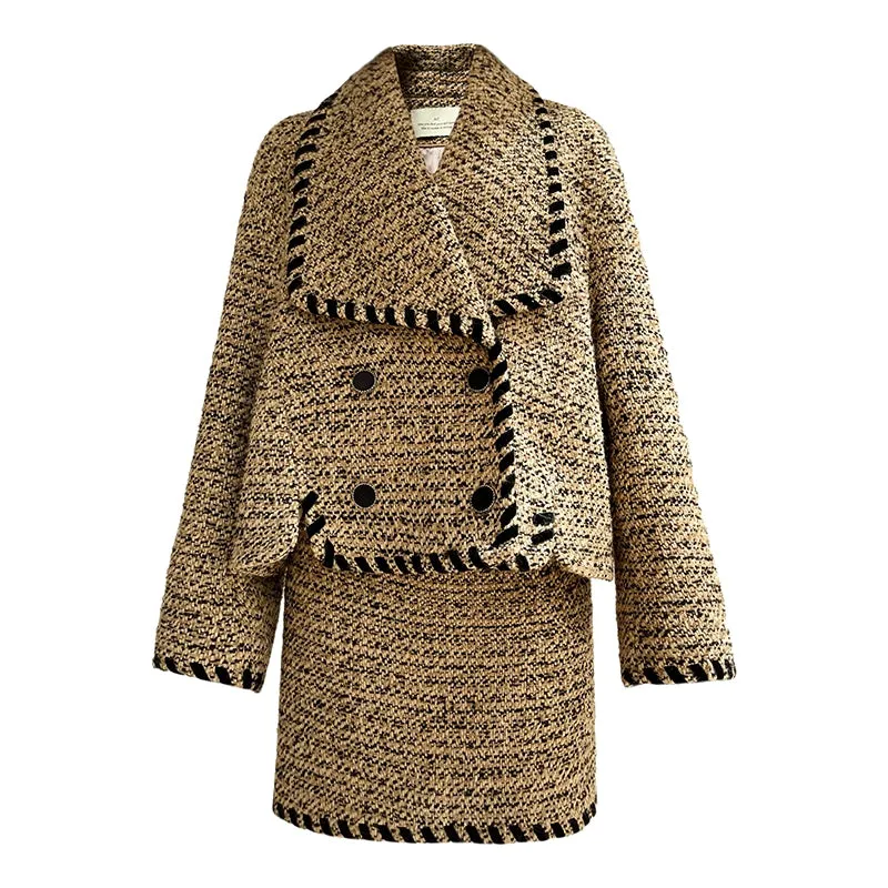 Aconiconi| Caramel wool jacket loose cropped tweed coat suit and skirt hip- Cocoa