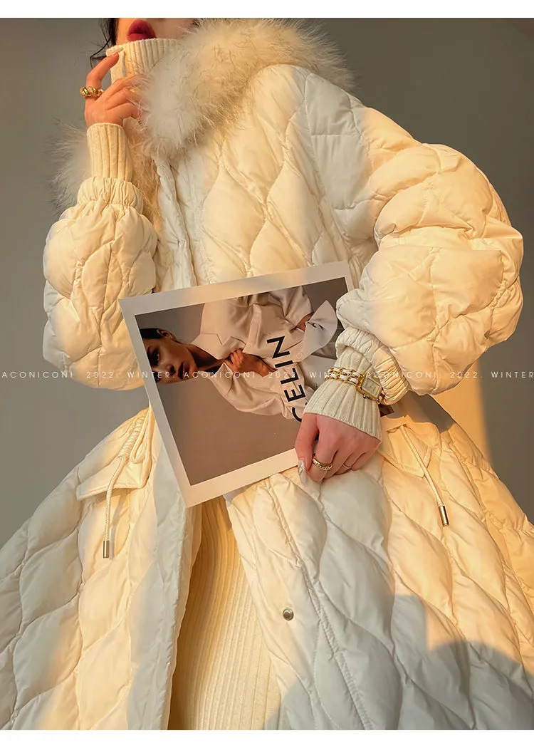 Aconiconi Elegant Duck Down Long Sleeve Hooded Long Fur Winter Coat -  He Xu Ling Hua