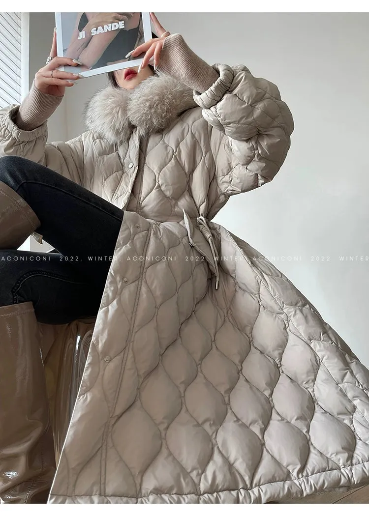 Aconiconi Elegant Duck Down Long Sleeve Hooded Long Fur Winter Coat -  He Xu Ling Hua