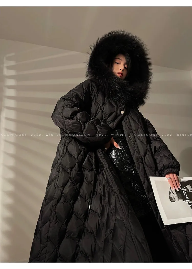 Aconiconi Elegant Duck Down Long Sleeve Hooded Long Fur Winter Coat -  He Xu Ling Hua