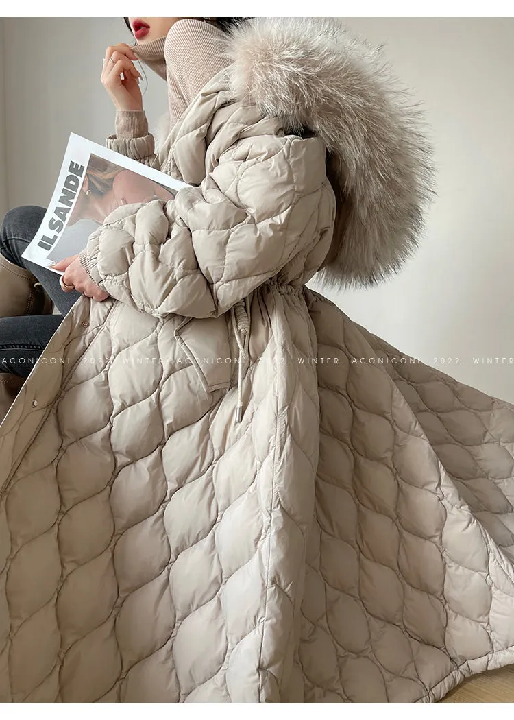 Aconiconi Elegant Duck Down Long Sleeve Hooded Long Fur Winter Coat -  He Xu Ling Hua