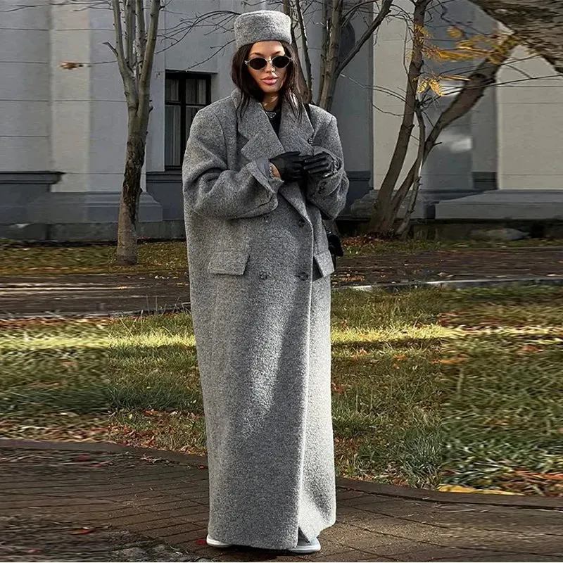 Advbridge Retro Turn Down Collar Long Coat Women Autumn Solid Long Sleeve Maxi Coats Female Elegant Chic Oversize Double Breasted Outwear