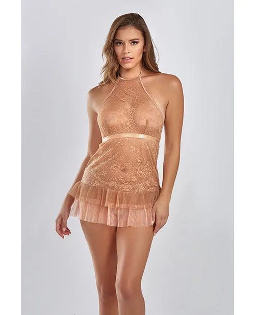 Amber Halter Lace Babydoll w/Tiered Pleated Mesh Skirt Hem & G-String Brown XL