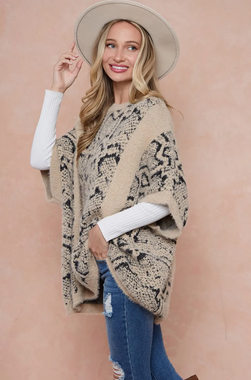 Animal Print Poncho Kimono Style Fuzzy Knit Sweater