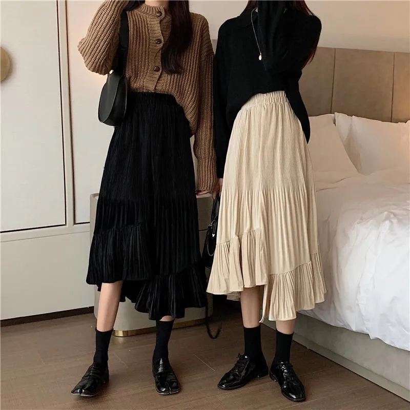 Asymmetric High Elastic Waist Pleated Long Skirt