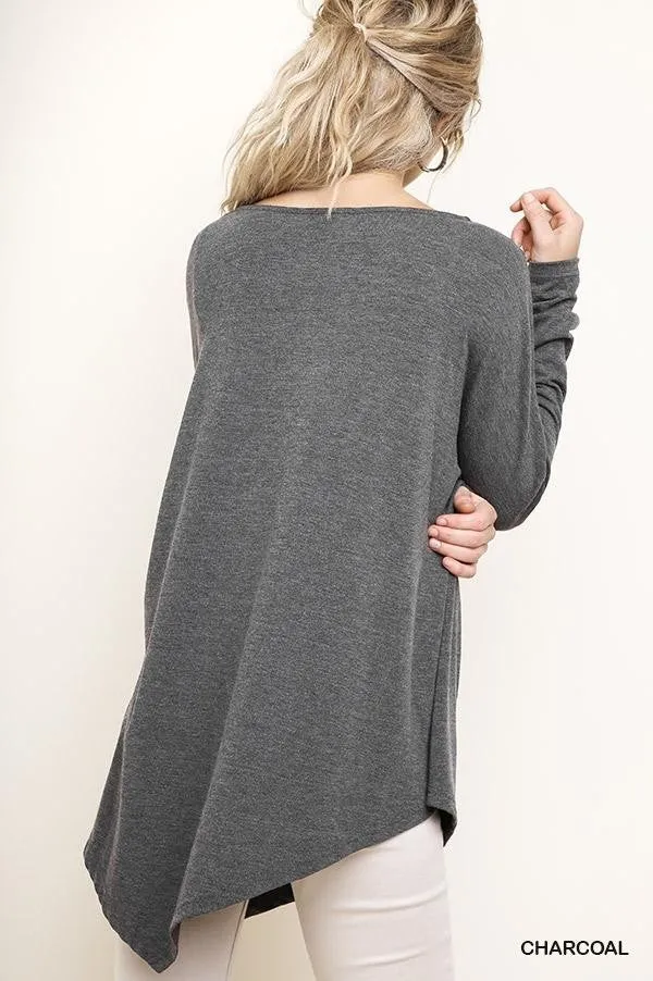 Asymmetric Long Sleeve Top, Charcoal