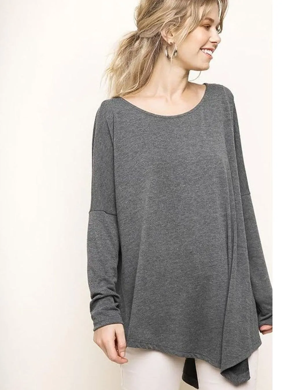 Asymmetric Long Sleeve Top, Charcoal