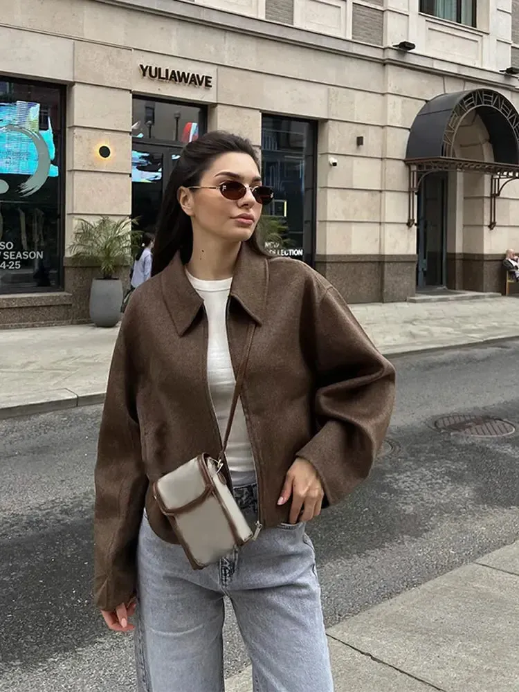 Back To School Joskaa Elegant Lapel Long Sleeves Zipper Cropped Coats Vintage Brown Woolen Blends Jacket For Women Autumn Chic Lady Street Outerwear