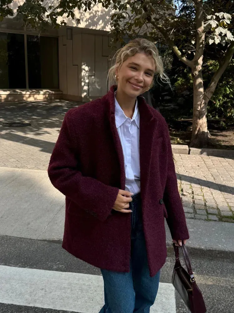 Back To School Joskaa Elegant Long Sleeve Lamb Woolen Blazer Coat Fashion Flip Collar Wine Red Women's Suit Jacket Autumn Winter Lady Street Outerwear