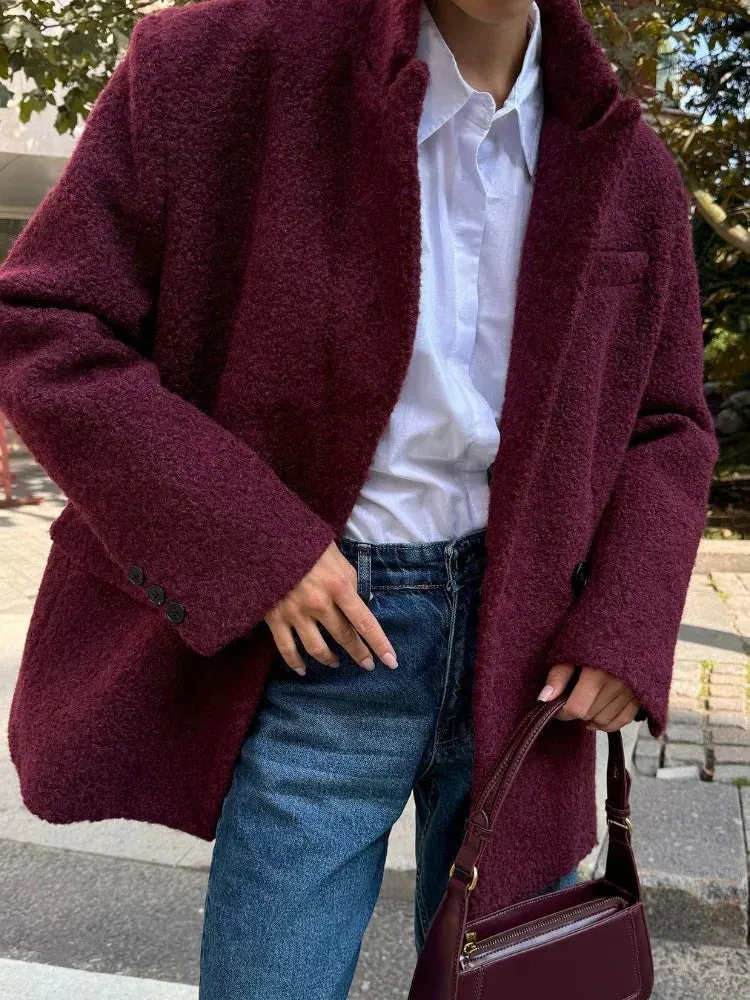 Back To School Joskaa Elegant Long Sleeve Lamb Woolen Blazer Coat Fashion Flip Collar Wine Red Women's Suit Jacket Autumn Winter Lady Street Outerwear