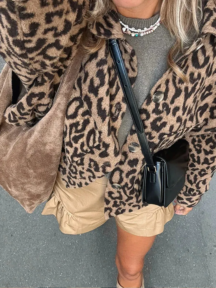 Back To School Joskaa Leopard Print Casual Single Breasted Women's Woolen Coat Elegant Collar Long Sleeved Short Jacket New High Street Woman Clothing