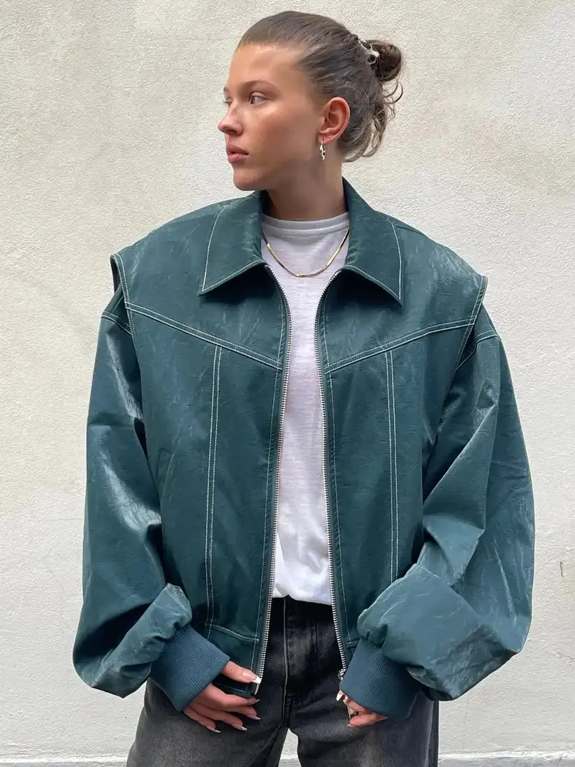 Back To School Joskaa Women Vintage Solid Zipper Short Leather Jacket Elegant Loose Lapel Long Sleeves Cropped Jackets 2024 Female Fashion Streetwear