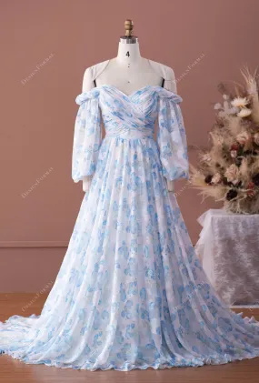 Balloon Sleeve Designer Floral Chiffon Off-shoulder Bridal Dress