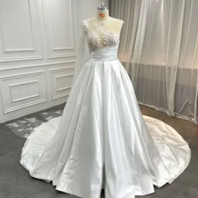 Beaded Lace Detachable Sleeve Satin Ball Gown Wedding Dress