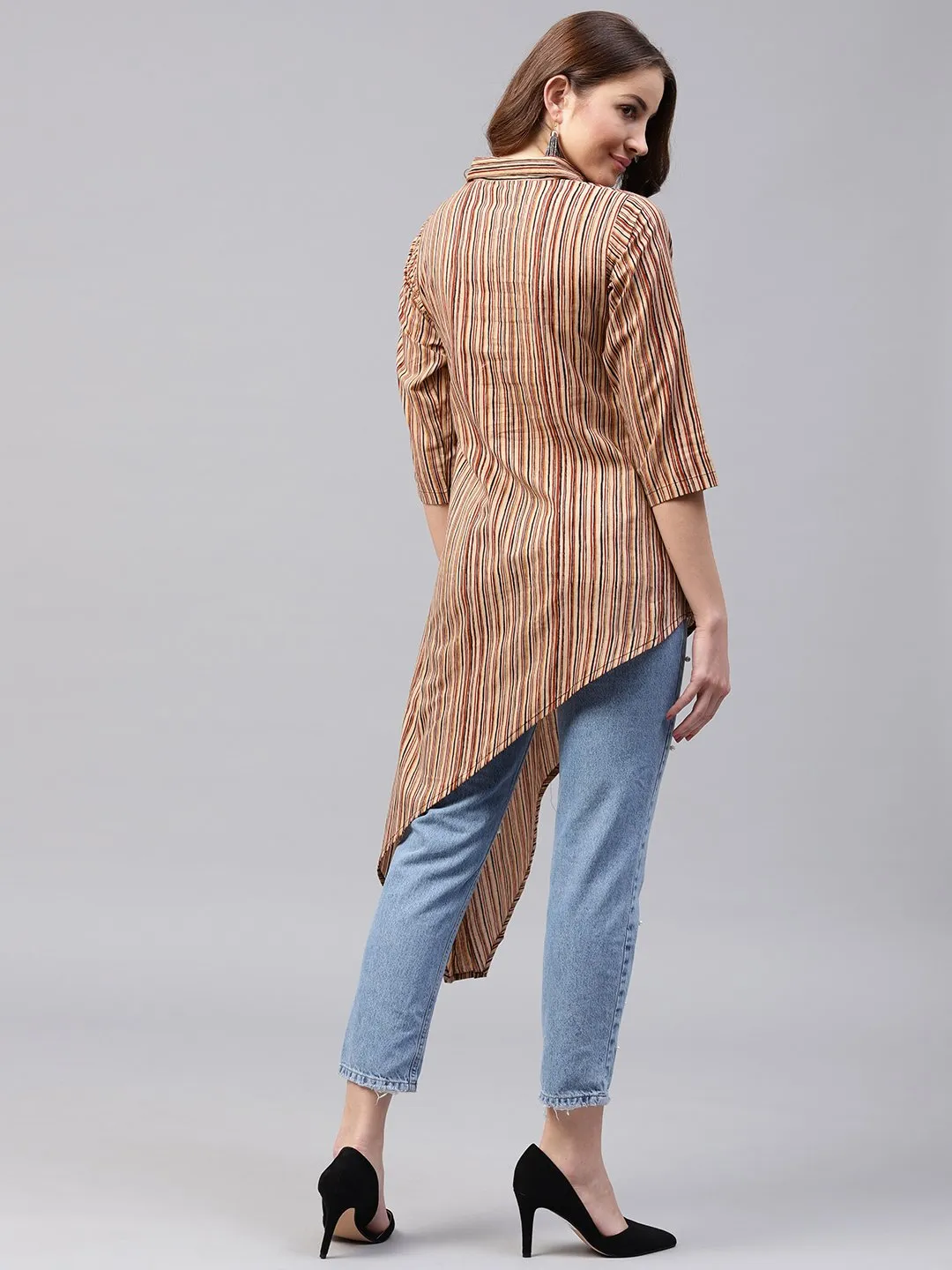 Beige Striped 3/4Th Sleeve Cotton Assymetric Tunic