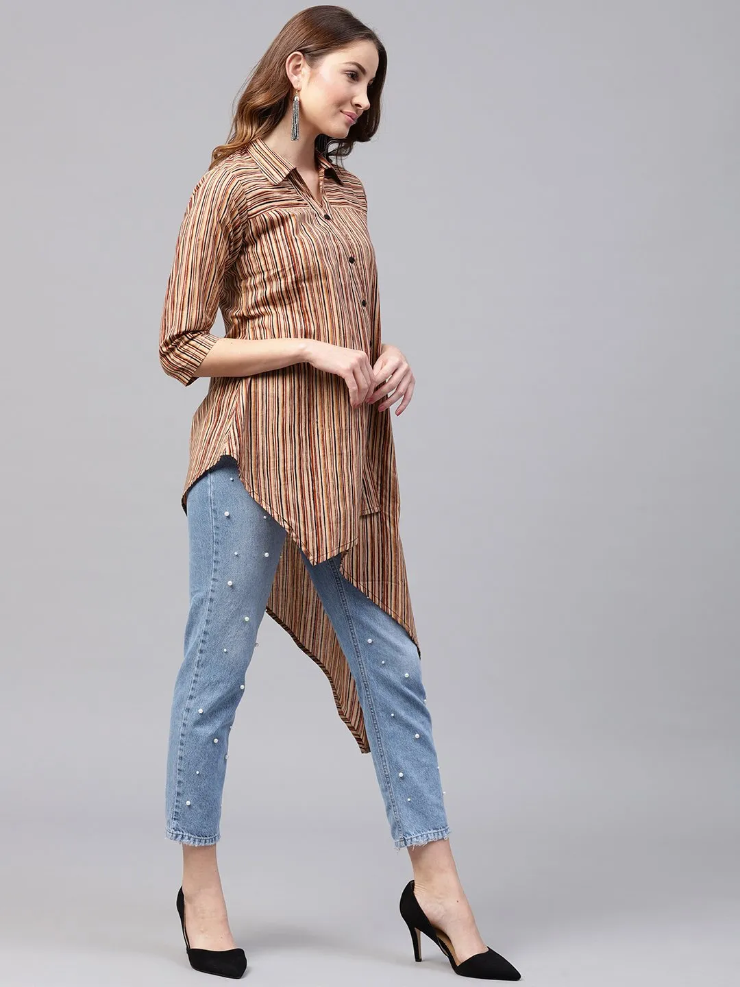 Beige Striped 3/4Th Sleeve Cotton Assymetric Tunic