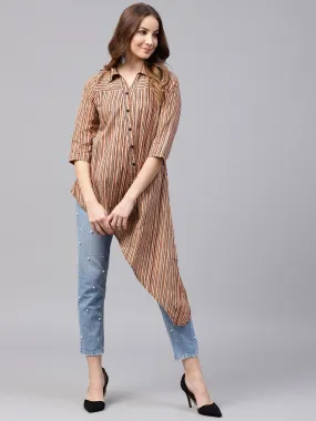 Beige Striped 3/4Th Sleeve Cotton Assymetric Tunic