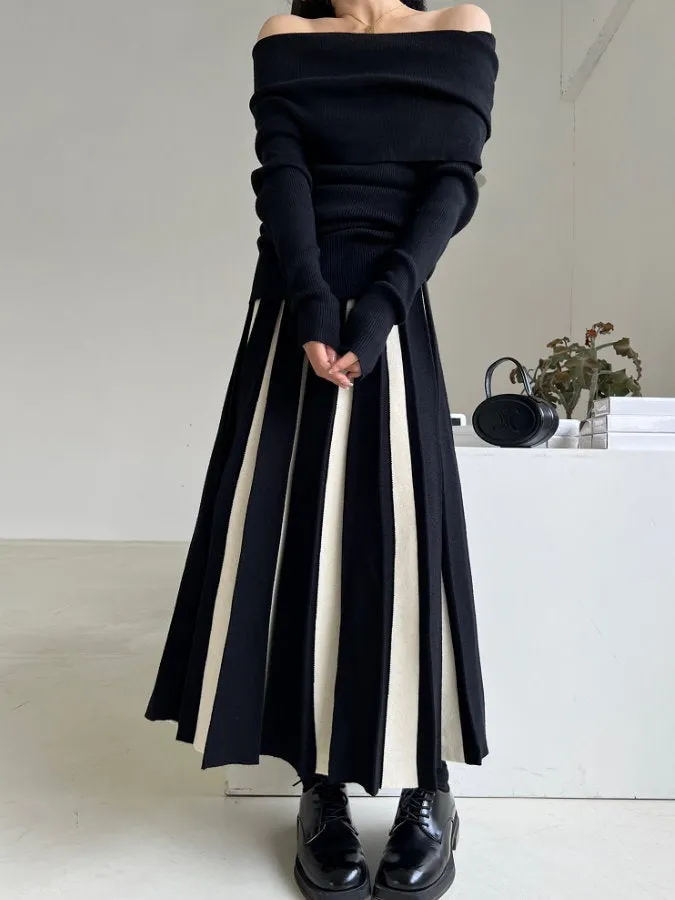 Bicolor Long Pleated Skirt HL4125