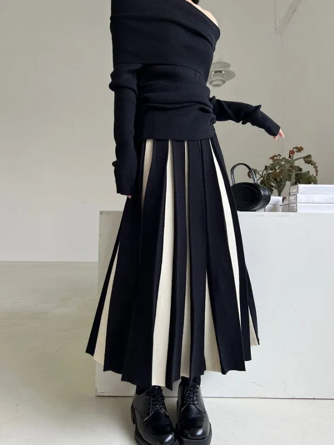 Bicolor Long Pleated Skirt HL4125