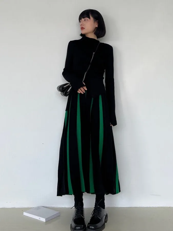 Bicolor Long Pleated Skirt HL4125