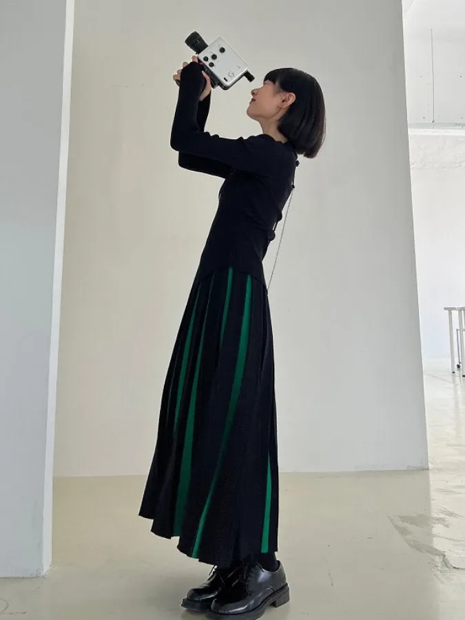 Bicolor Long Pleated Skirt HL4125