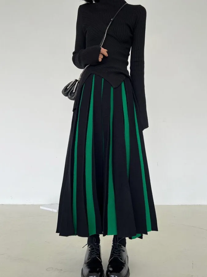 Bicolor Long Pleated Skirt HL4125