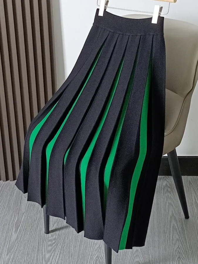 Bicolor Long Pleated Skirt HL4125