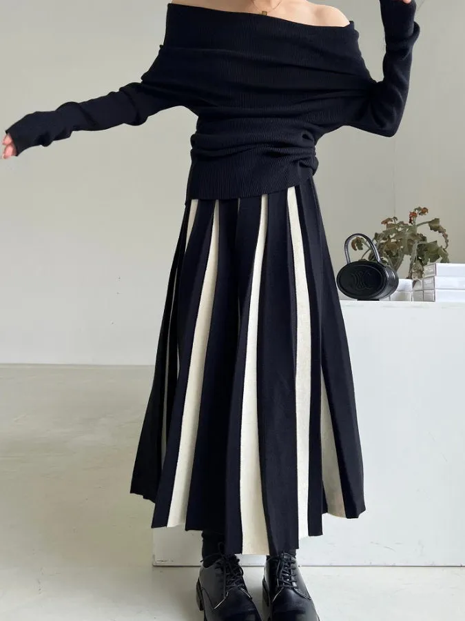 Bicolor Long Pleated Skirt HL4125