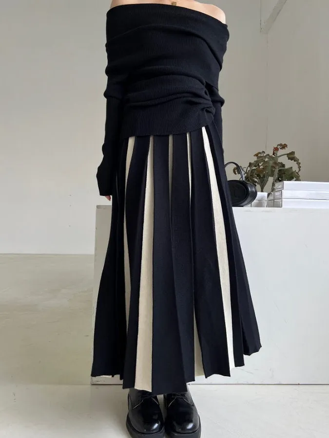 Bicolor Long Pleated Skirt HL4125