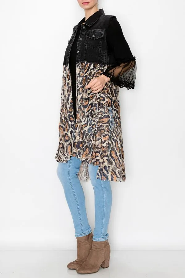 Black Denim & Lace Vest, Leopard