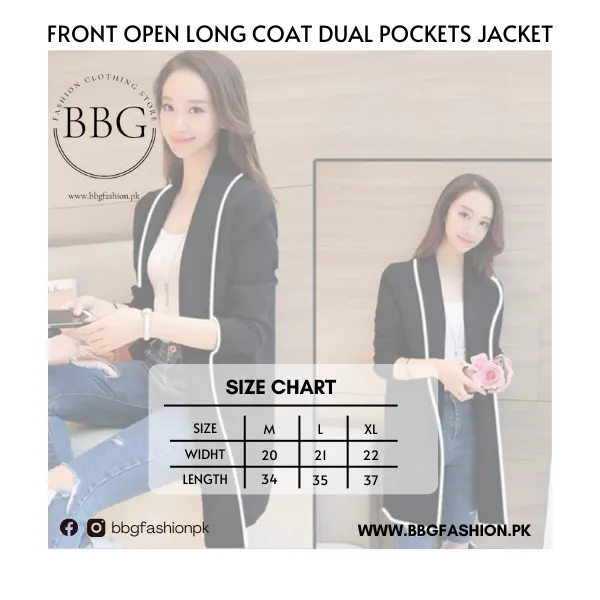 Black Front Open Long Coat Dual Pockets Jacket