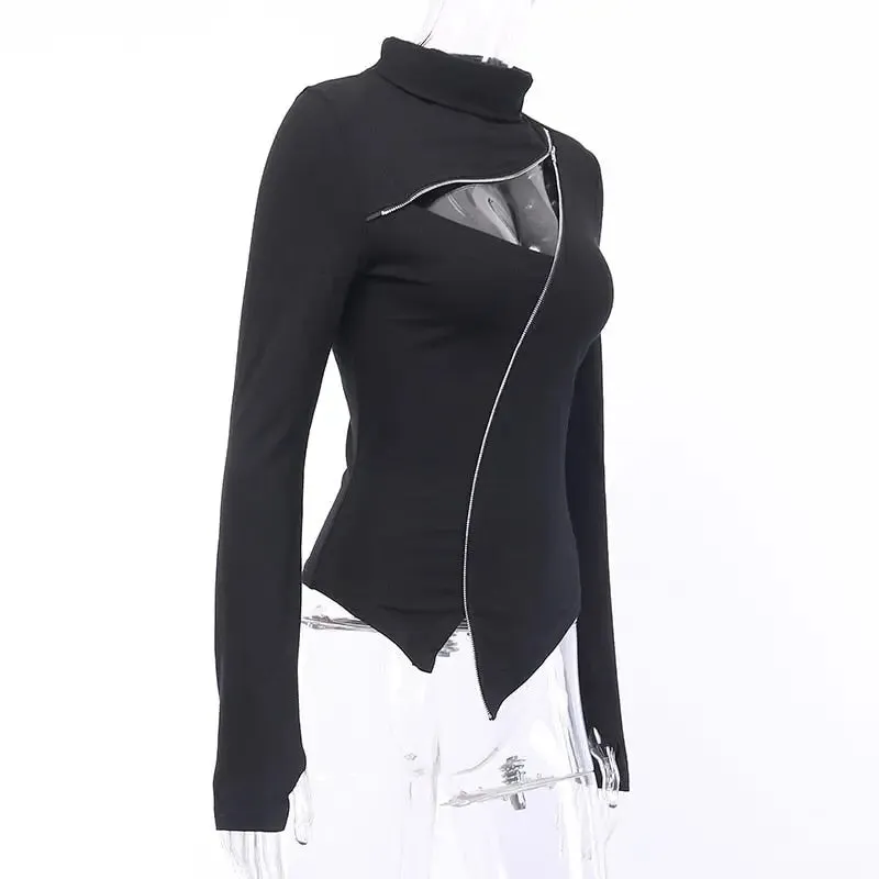 Black Hollow Out Turtleneck Zipper Bodycon Sweater