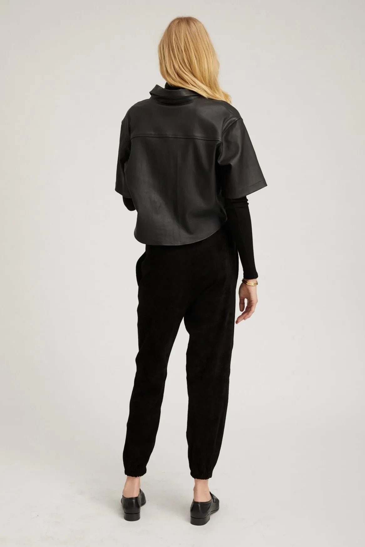 Black Leather Cropped Oversized Henley Shirt