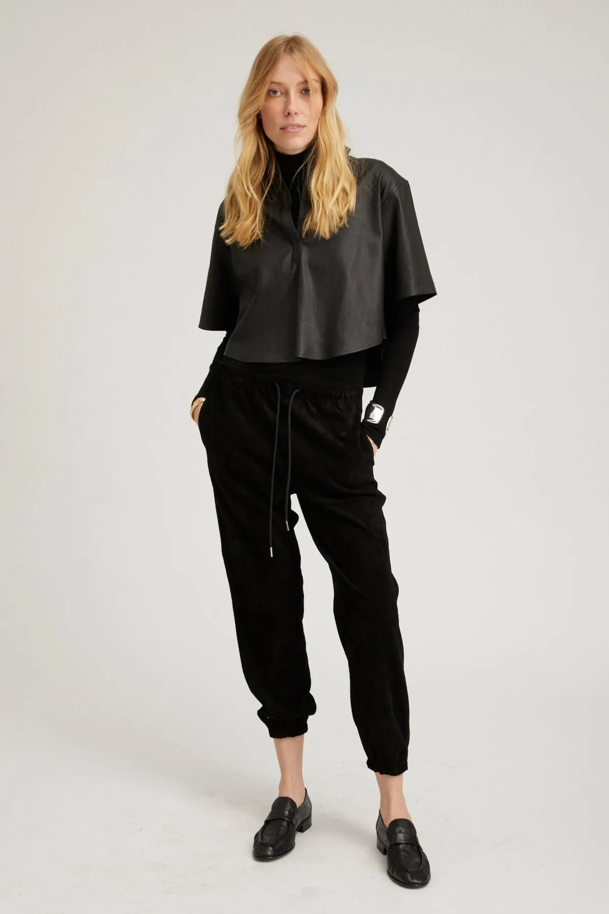 Black Leather Cropped Oversized Henley Shirt