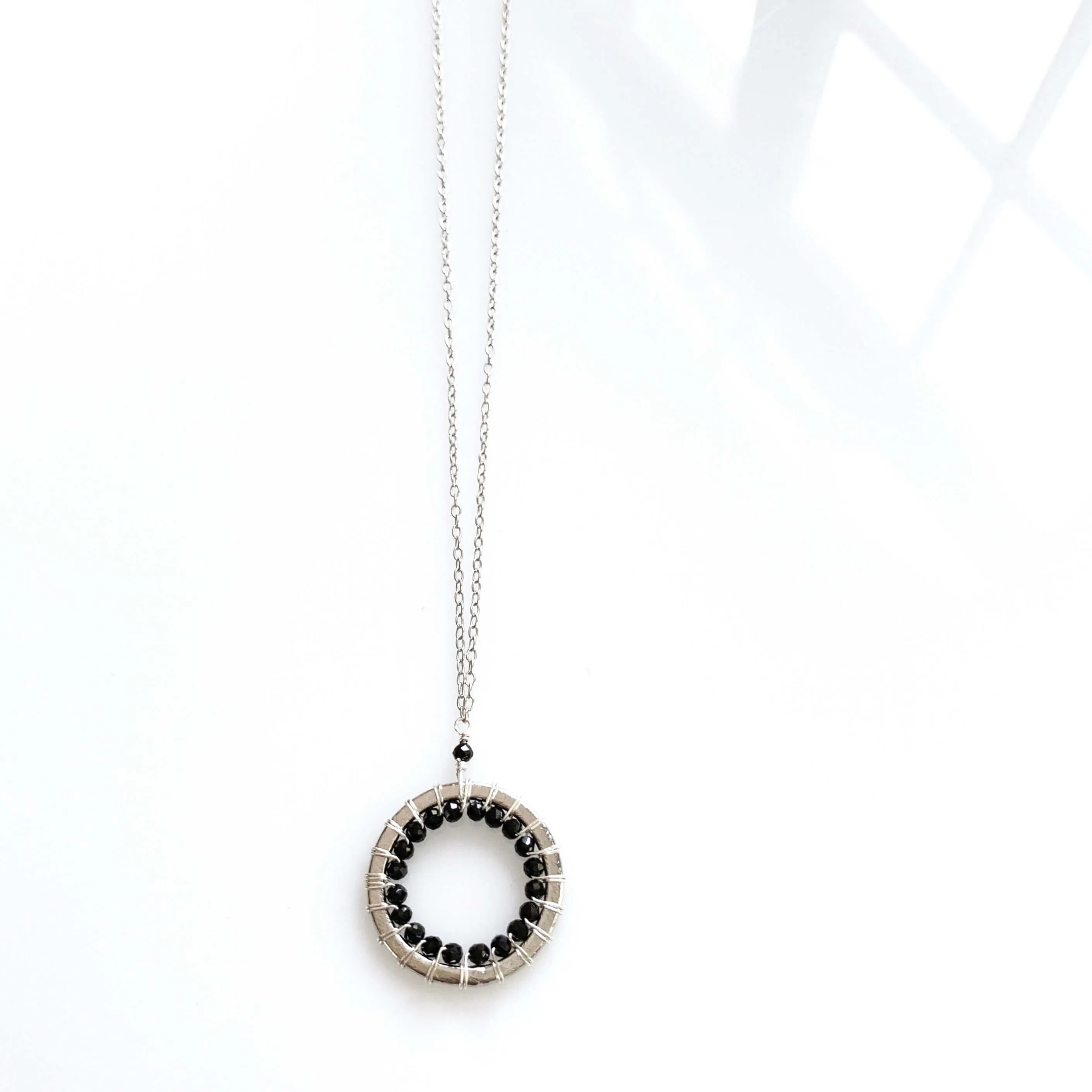 Black Spinel Halo Mini Sliver Pendant