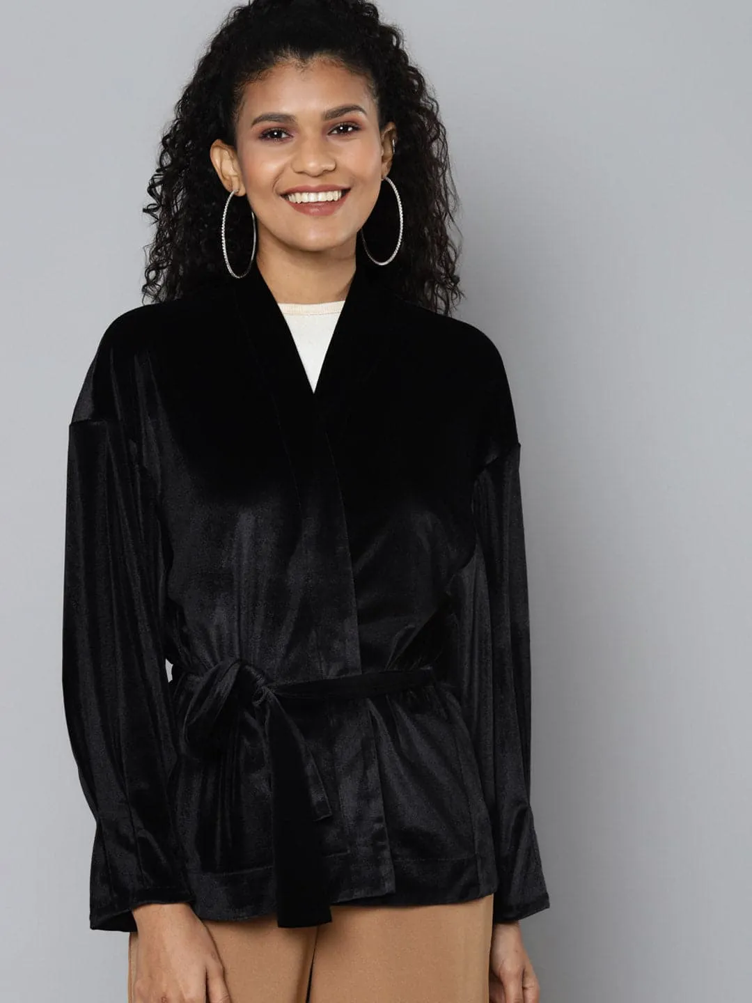 Black Velvet Open Belted Kimono Jacket