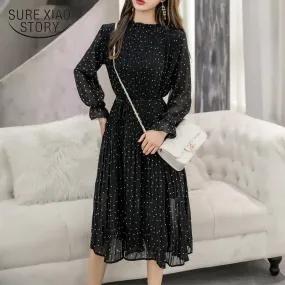 Black Vintage ClotheS Spring Lady Long Chiffon Dress 2019 New Korean Fashion Women Long Sleeved Polka Dot Pleated Dress  3670 50