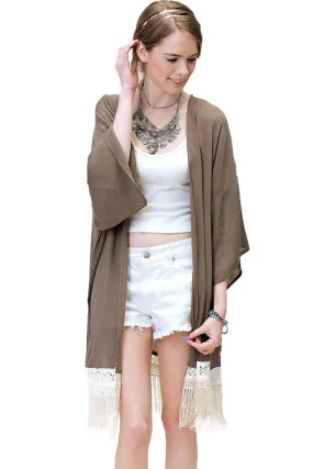 Bohemian Crochet & Fringe Kimono Jacket, Olive