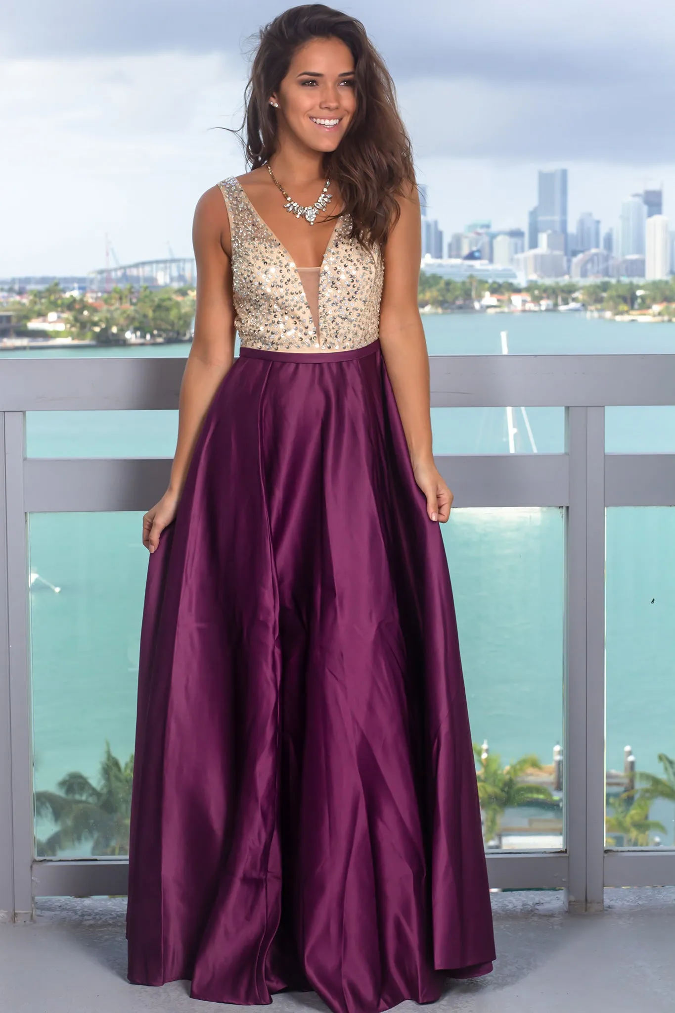 Burgundy Maxi Dress with Sequin Top