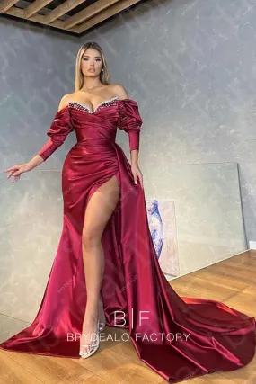 Burgundy Satin 3/4 Sleeves Off Shoulder Slit Prom Dress