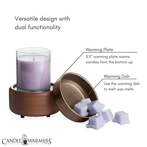 Candle Warmers ETC 2-in-1 Candle and Fragrance Warmer for Warming Scented Candles or Wax Melts and Tarts with to Freshen Room, Bronze and Walnut-Finish Ceramic