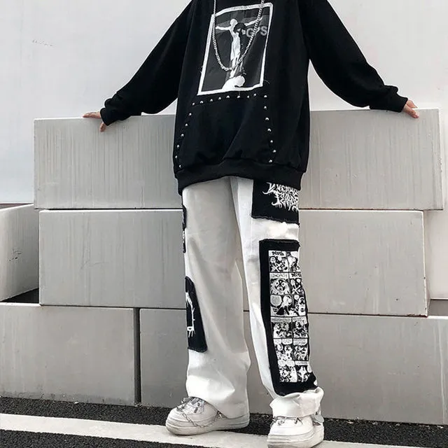 Cartoon Patch Large Black Pants