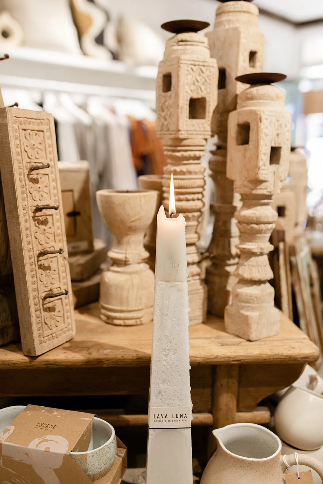 Carved Wood Candle Stand - Bleached