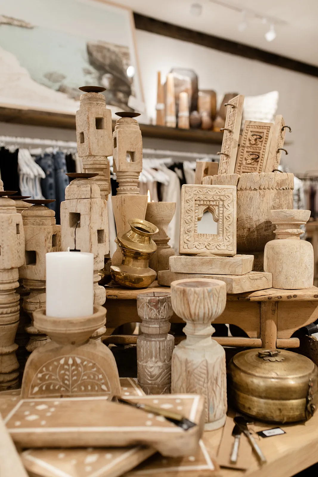 Carved Wood Candle Stand - Bleached