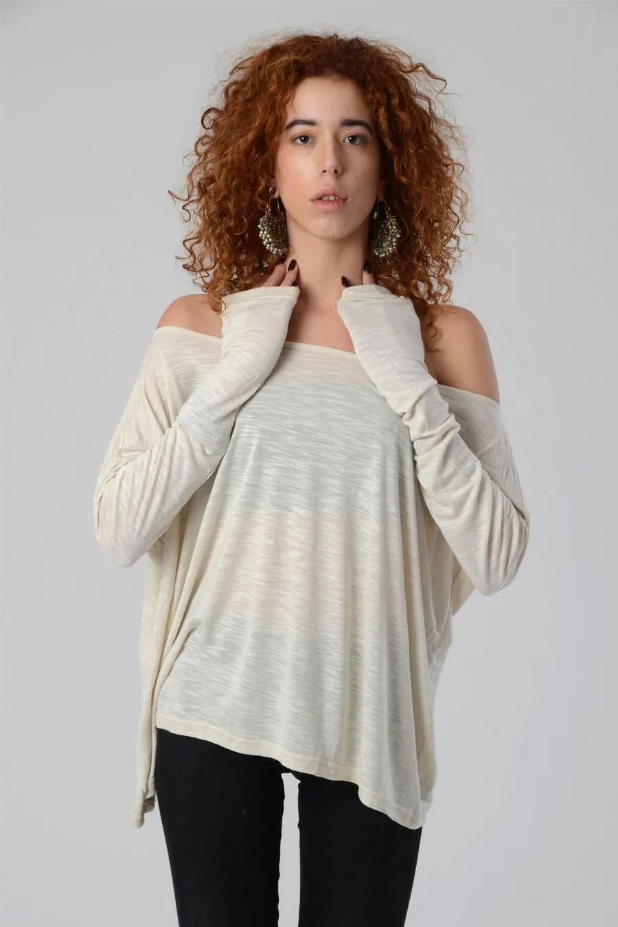 Casual Long Sleeve Cream Tunic Shirt